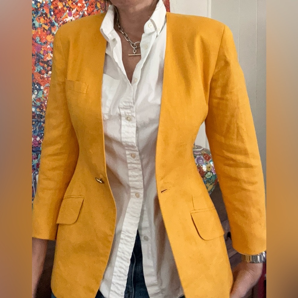 Vintage Structured Anne Klein Yellow Blazer 100% linen